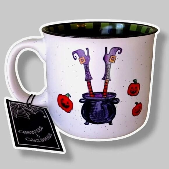 Halloween Bottoms Up Witches Gingham Print Ceramic Camper Mug NWT - Picture 2 of 16